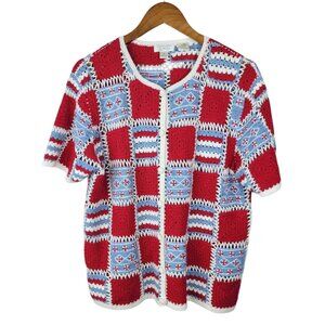Christopher Banks Cardigan Sweater size XL Open Knit Red White Blue Lightweight